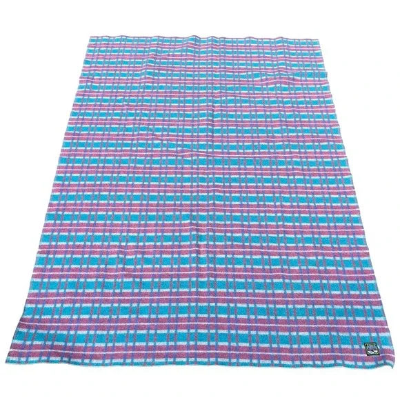 Vintage Traverse Bay Woolen Co Wool Blanket 56x81 Plaid Pink Aqua‎ Purple USA