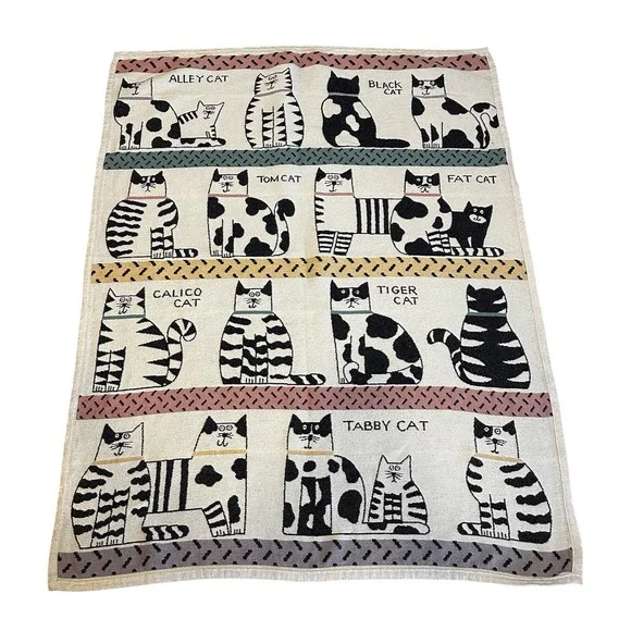Vintage 1988 Pat Meyers Cats Throw Blanket Navy White Cotton 60x45
