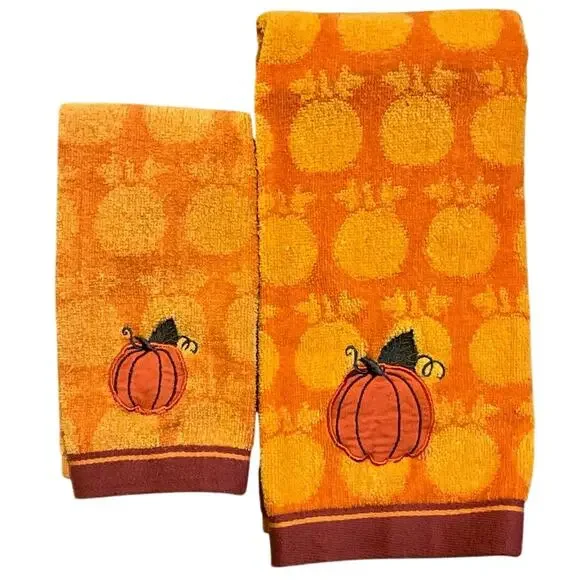 Set Harvest Fall Pumpkin Kitchen Bath Dish Hand Towel Orange Overall Pumpkin