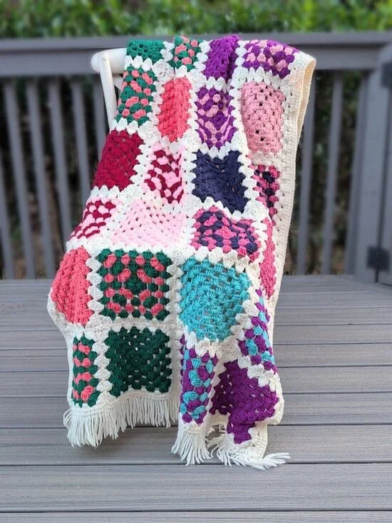 Handmade Crochet Granny Square Afghan Blanket Throw with Fringe 56
