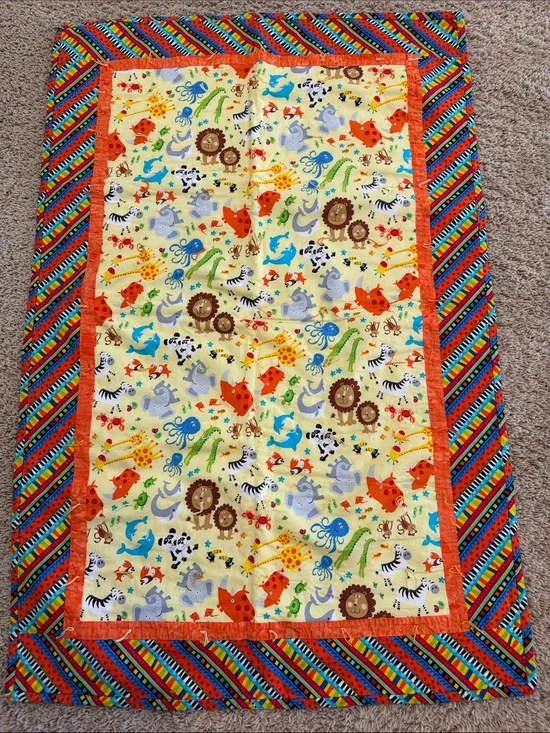 Handmade Colorful Baby Blanket Quilt, Quilted & Tied, Jungle Safari Animals