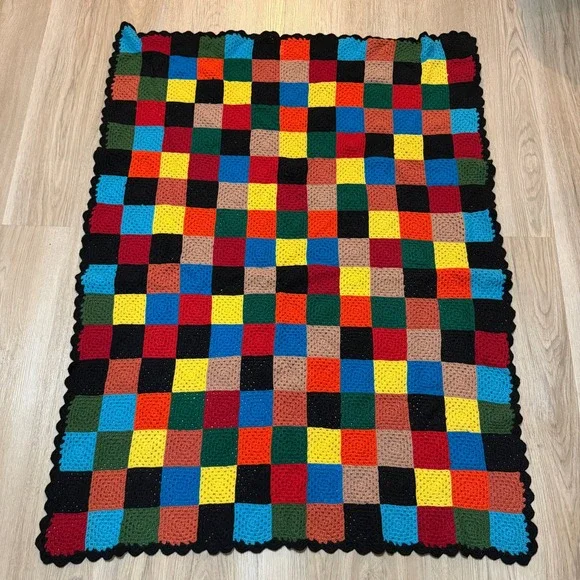 Crochet‎ Patchwork Blanket 57x43 Multicolor Vintage Style 1970s