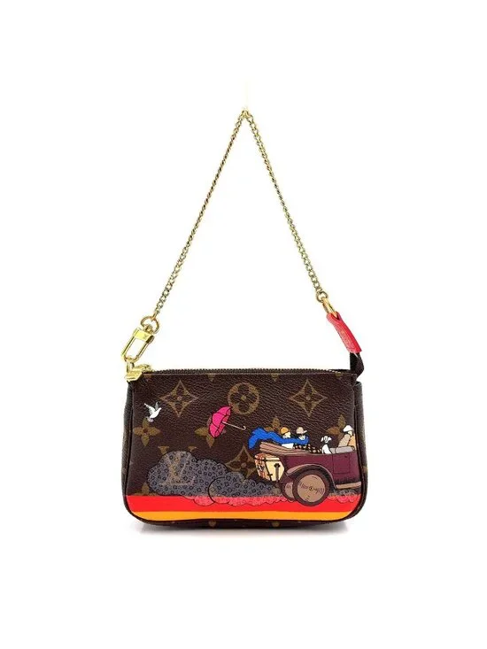 Louis Vuitton Mini Pochette Accessoires Illustre Monogram Brown Handbag Gold