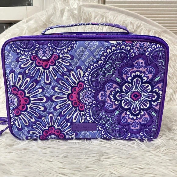 VERA BRADLEY Purple Floral Zip Large Brush & Cosmetic Case w Top Handle
