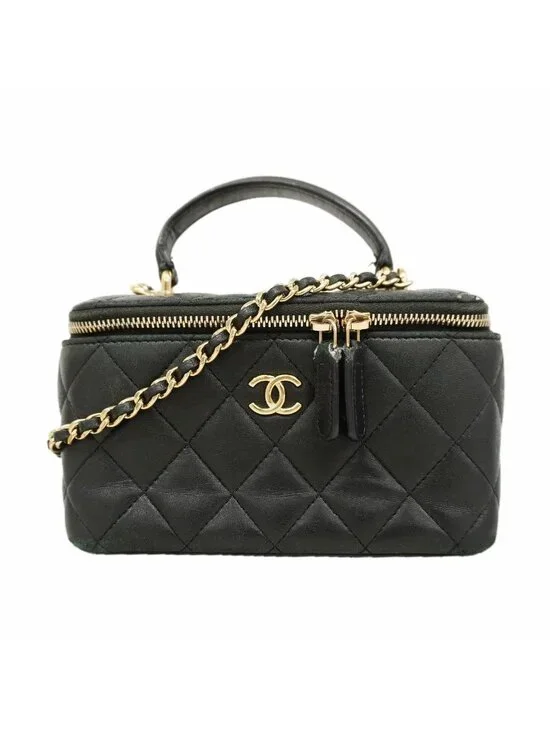 Chanel Vanity Bag Quilted Lambskin Black Champagne Gold