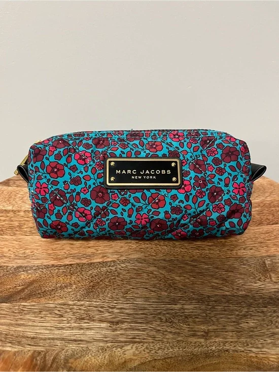 Marc Jacobs New York Teal & Magenta Floral Pattern Diamond Quilted Cosmetics Bag