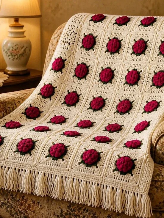 Vintage 70s 3D Red Rose Granny Square Crochet Afghan Blanket - 63