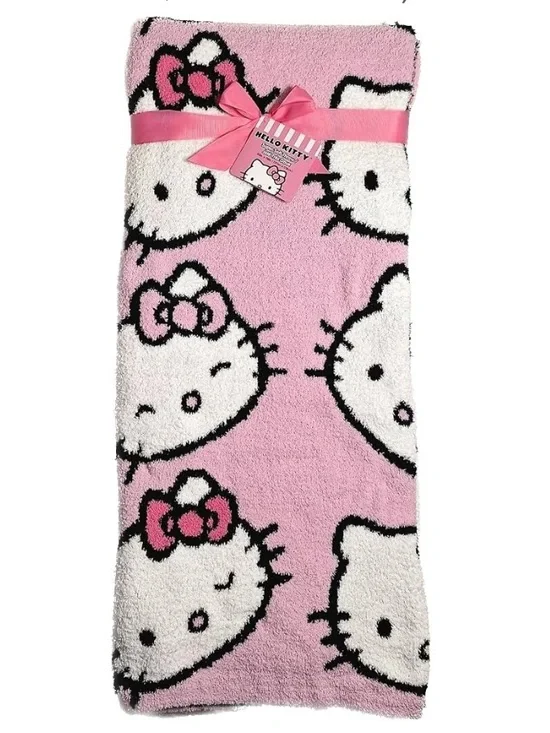 Hello Kitty Pink Yarn Knit Faces Throw Blanket