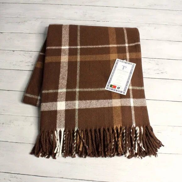 Texteis Penedo Brown Plaid Throw Blanket Fringe Cotton Blend Made in Portugal