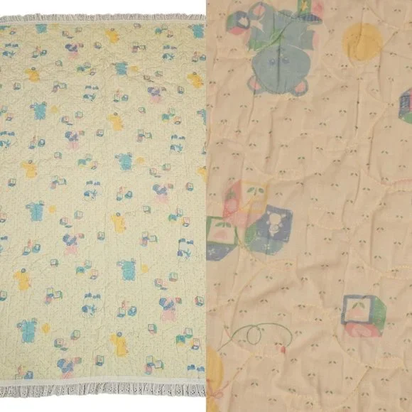 Vintage‎ Light Yellow Baby Blanket ABC Animals Quilted Eyelet Lace Trim 43 X 58