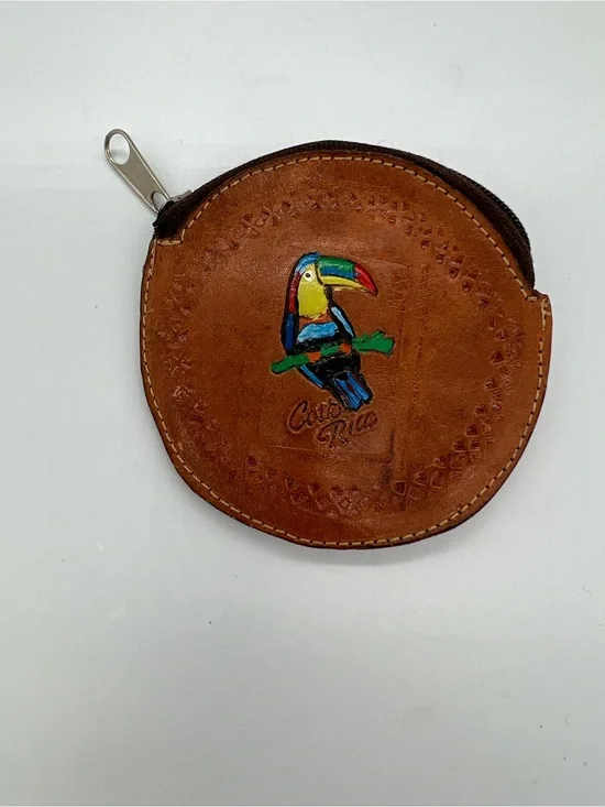 Leather Coin Pouch with Toucan Motif - Costa Rica Brown