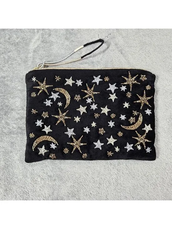 Printfresh Pouch Clutch Black Celestial Beaded Velvet Makeup Travel Toiletries