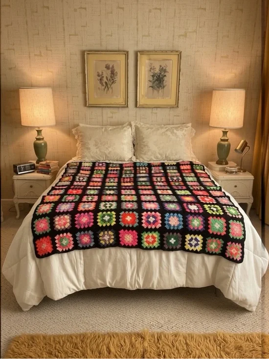 70s Vtg Handmade Multicolor Granny Square Crochet Throw Blanket - Black Border