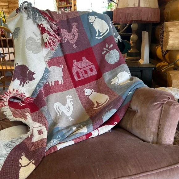 Vintage Farmhouse Woven Tapestry Throw Blanket Rooster Cat Pig Red Blue Fringed