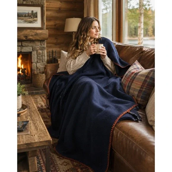Jmr USA Wool Blend Navy Blue Blanket Orange Whip Stitch 66x82 Throw
