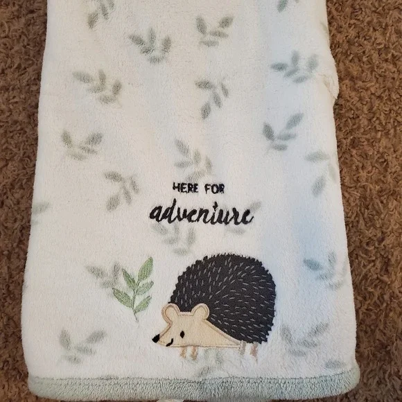 NEW parent's choice Plush baby blanket. 30 by 40 inches. White & green hedgehog