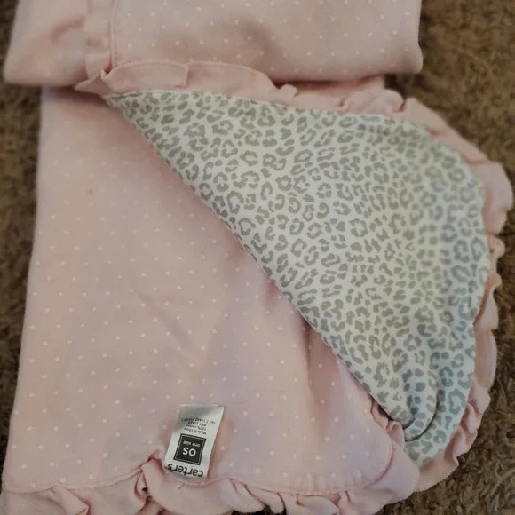 Carter's Cheetah Leopard Print Polka Dots Ruffle Baby Blanket Cotton Pink Grey