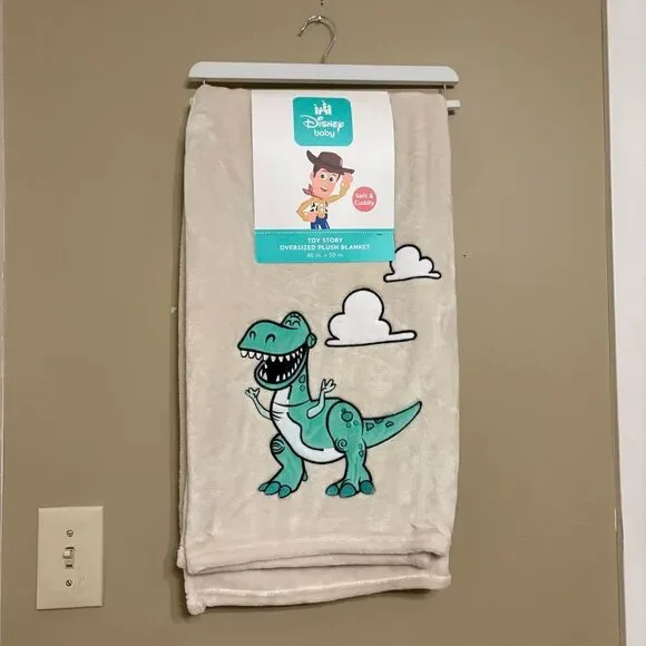 Disney Toy Story Rex Embroidered Dinosaur Blanket Ivory Green NWT 40 x 50 inches