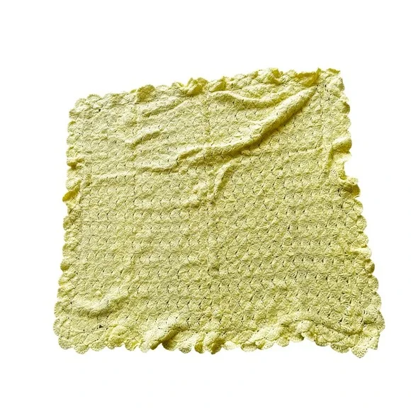 Handmade Crochet Baby Blanket Yellow Shell Stitch Ruffled Scallop Edge 30x32