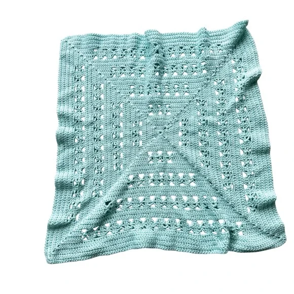 Handmade Crochet Baby Blanket Aqua Mint Green Lacy Heirloom 28in Square