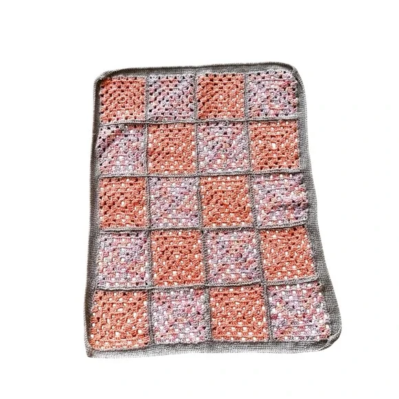Handmade Crochet Granny Square Baby Blanket Peach Pink Gray 22x26 Stroller Throw