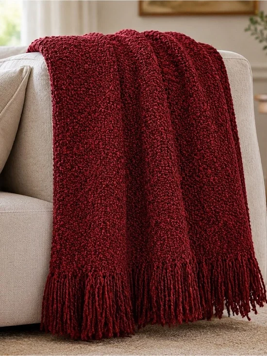 Pottery Barn Red Bouclé Fringe Throw Blanket Cozy Textured Accent 54x45