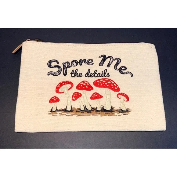 Spore Me the Details Mushroom Embroidered Canvas Pouch Cream