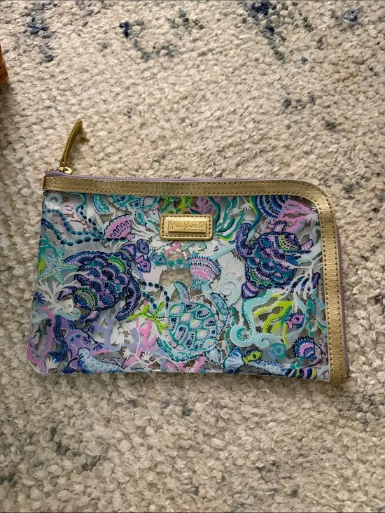Lilly Pulitzer Clear Floral Seashorse Cosmetic Pouch - Gold Trim