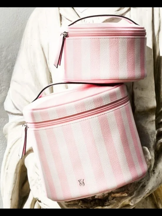 Victoria's Secret Striped Pink Travel Cosmetic Case with Top Handle - 2 Pack!