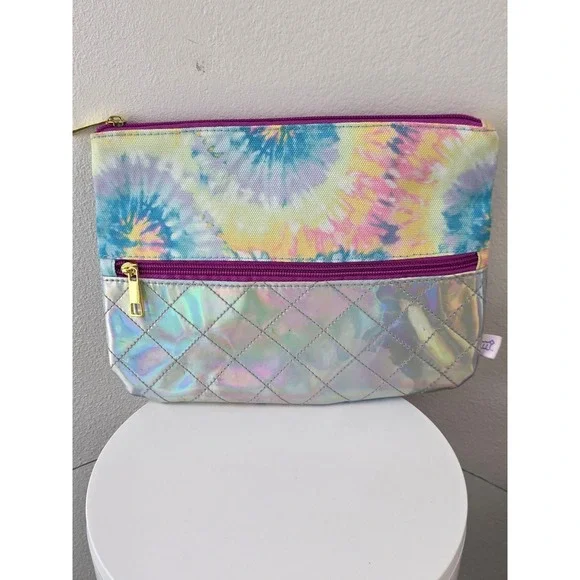 More Than Magic Tie Dye Holographic Quilted Cosmetic Bag Pouch Silver Multicolor