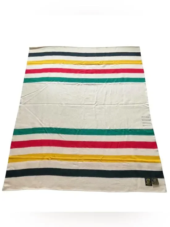 Vintage Northwest Traders Wool Blanket in Cream with Multi Stripe colors NEW