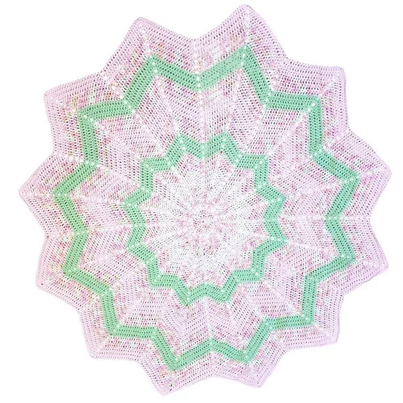 HANDMADE Crochet 12 Point Star Softee Baby Blanket‎ Afghan Pink Green 43 In NEW