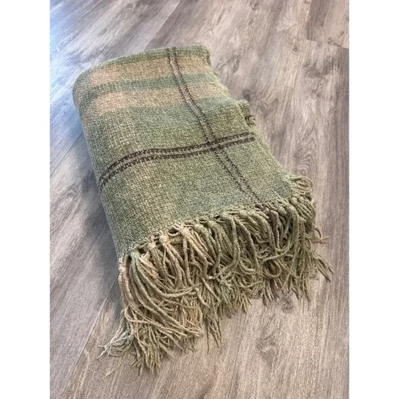 Restoration Hardware Sage Green Plaid Fringe Woven Throw Blanket 67x46 Rayon