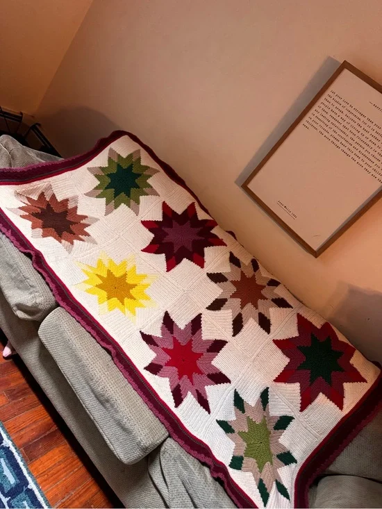 Handmade crochet point stars afghan blanket 77.5 by 45