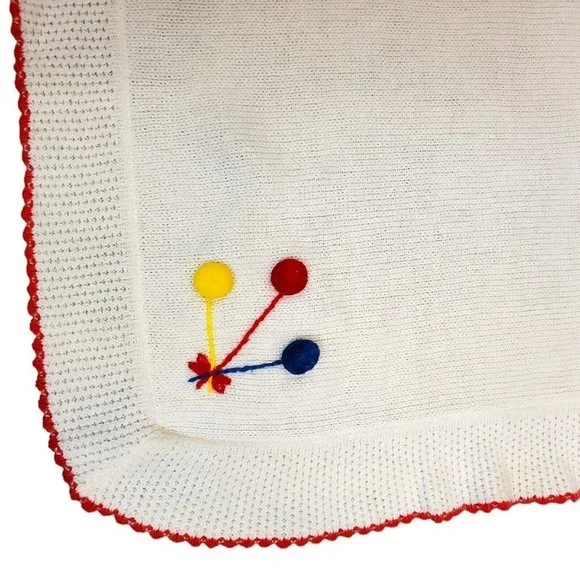 Vintage Yellow Bird White Knit Baby‎ Blanket Pom Balloons Acrylic 36x43