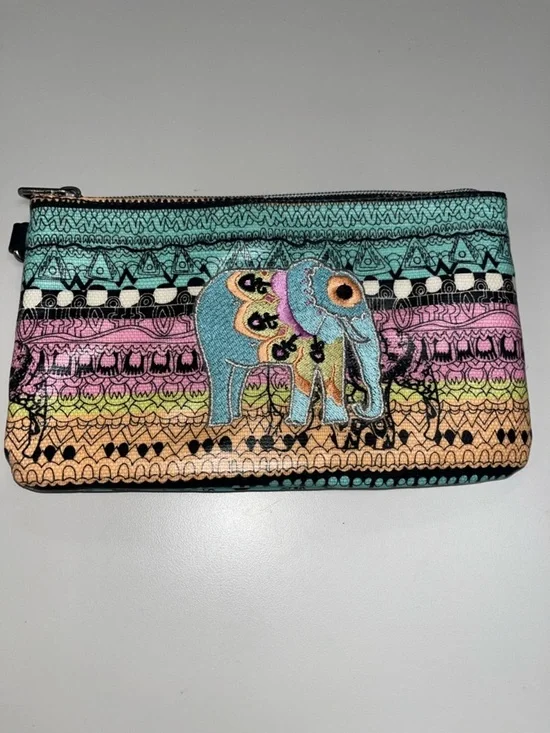 Sakroots Teal Pink Peach Stripe Embroidered Elephant Wallet/ pouch