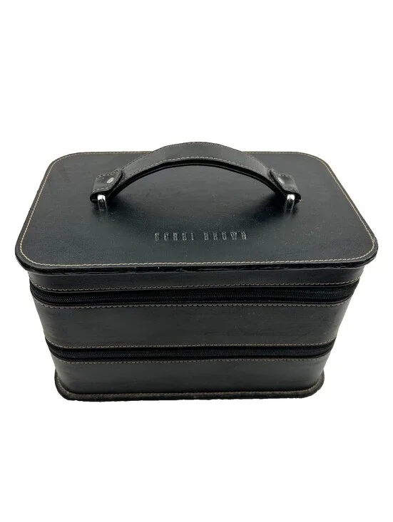 Bobbi Brown Black Leather Makeup Train Case Tan Tiered 2 Zip Cosmetic Bag  LS#12