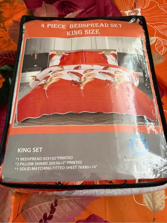 King Size 4-Piece Bedspread Set in Orange with Floral Accent