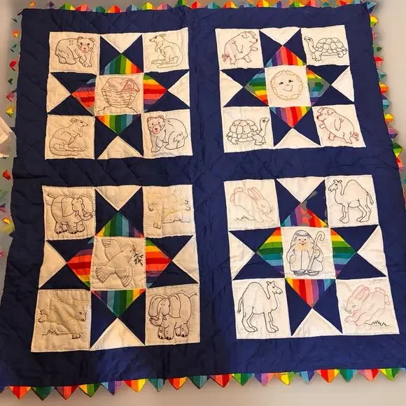 Handmade Noah’s Ark Animal Rainbow Embroidered Quilt Blanket 50x50 Vintage Style