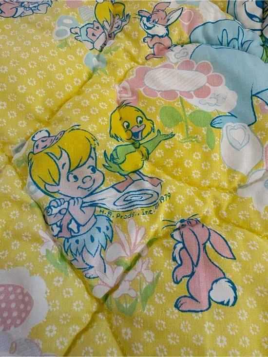 Vintage quilted crib baby blanket 1979 Yogi Bear, Flintstones by Kendall Co.