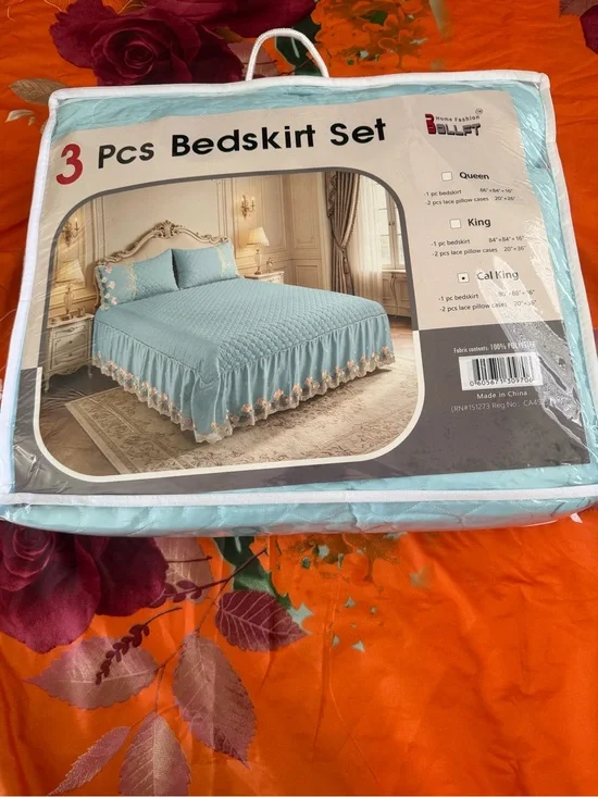 3-Piece Light Blue Bedskirt Set with Lace Trim