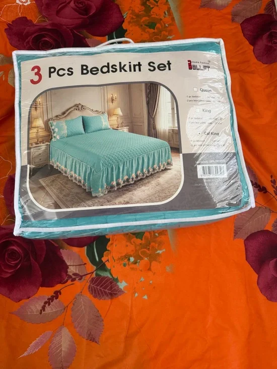3-Piece Aqua Bedskirt Set with Decorative Trim