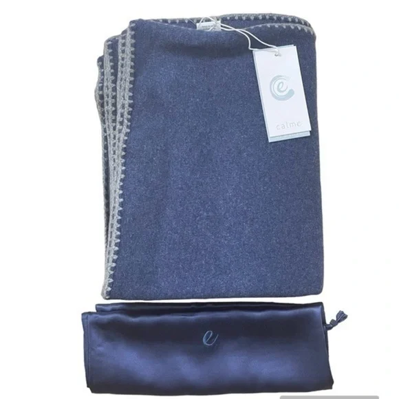 JOHNNY WAS Calme Navy Whipstitch Cashmere throw blanket