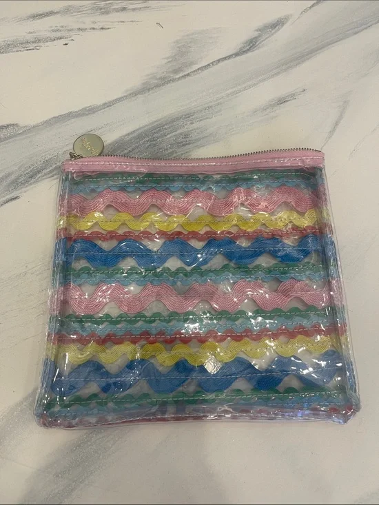 NWOT Packed Party Pink, Blue, Yellow & Green Wavy Stripe Clear Cosmetic Pouch