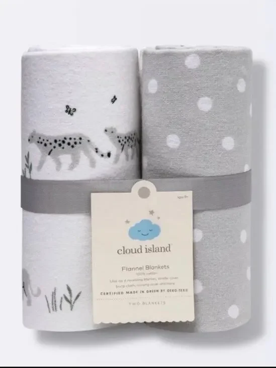 Cloud Island Baby Flannel Blankets 2-Pack Gray White 100% Cotton  NEW