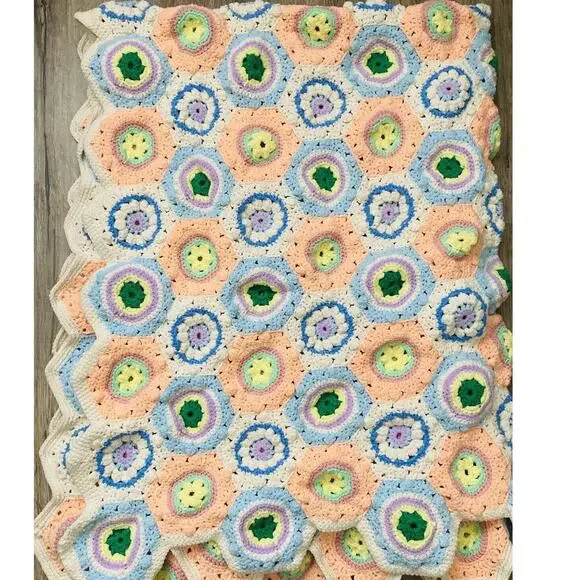Afghan Blanket Hexagon Granny Square Crochet Fall Pastel Peach Lavendar Blue Pin