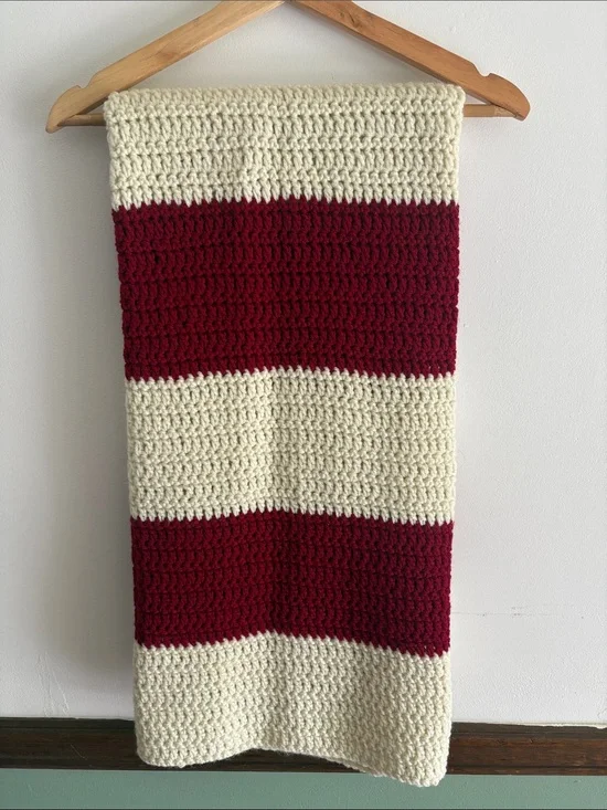 Handcrafted Cream & Burgundy Crochet Throw Blanket - Cozy Accent