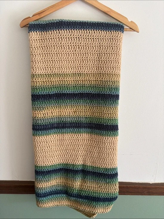 Handmade Crochet Throw Beige and Green Striped