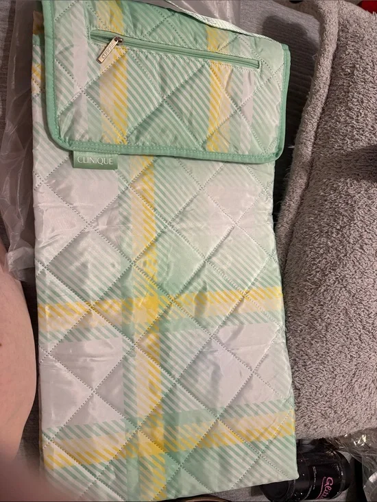 Clinique Quilted Cosmetic Pouch in Mint Green and Yellow Plaid beach blanket