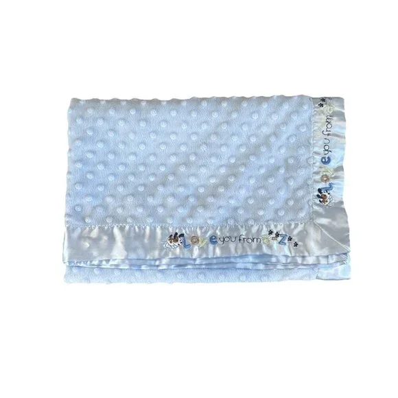 Just One Year Blue Minky Dot Plush Love You From A-Z Baby Boy Blanket w Satin